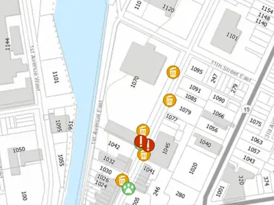 Map of bin locations in the River District's 1000 block