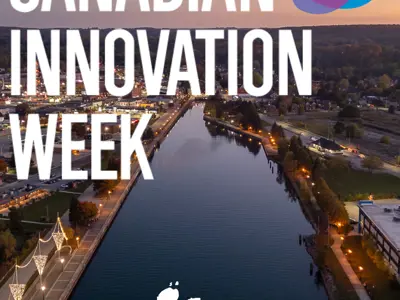 Aerial view of Owen Sound at dusk with the words 'Canadian Innovation Week' over it