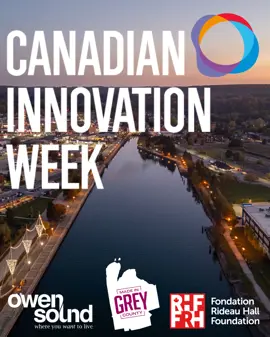 Aerial view of Owen Sound at dusk with the words 'Canadian Innovation Week' over it