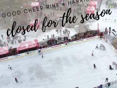 Arial view of the Outdoor Rink with the words 'closed for the season' across the image