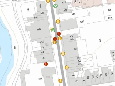 Map of bin locations in the River District's 800 block