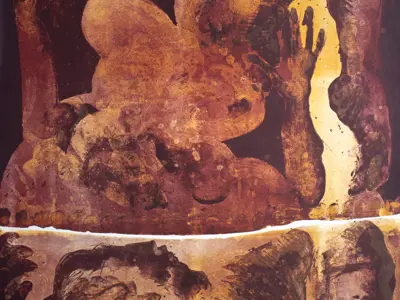 An abstract figurative print dominated by warm brown, ochre, and amber tones. Interlocking human forms emerge from layered washes, gestural marks, and textured passages, with limbs and torsos overlapping in a compressed composition. The image balances recognizable bodily shapes with expressive abstraction, creating a sense of movement, intimacy, and transformation.