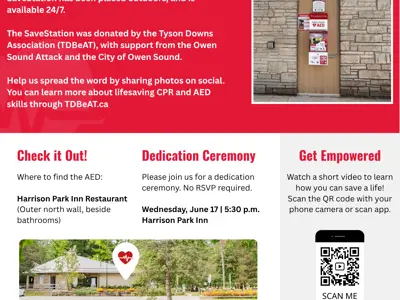 Flyer promoting the new AED machine installed at the Harrison Park Inn