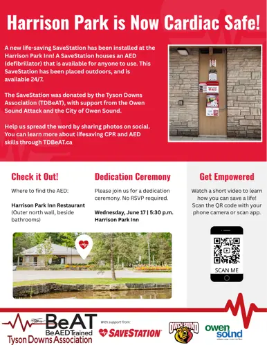 Flyer promoting the new AED machine installed at the Harrison Park Inn
