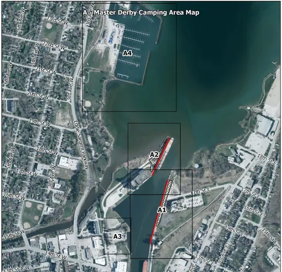 Mapped areas availble for fish derby camping, with a proper permit