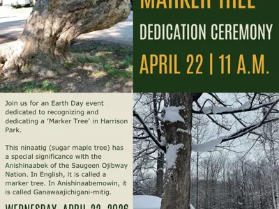 Promotional flyer for Marker Tree Dedication Ceremony on April 22