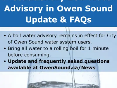 Image that says precautionary boil water advisory still in effect and FAQs have been posted