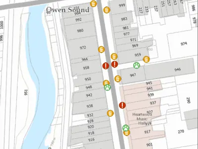 Map of bin locations in the River District's 900 block