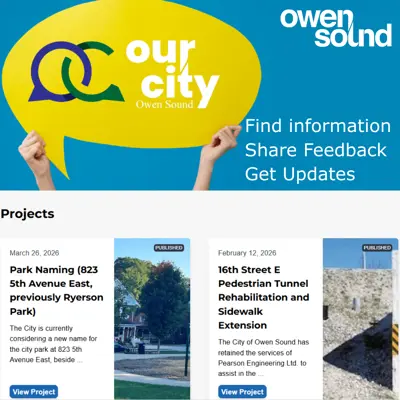 OurCity landing webpage with two projects shown in image