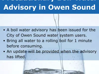 Image that says precautionary boil water advisory has been issued in Oowen Sound