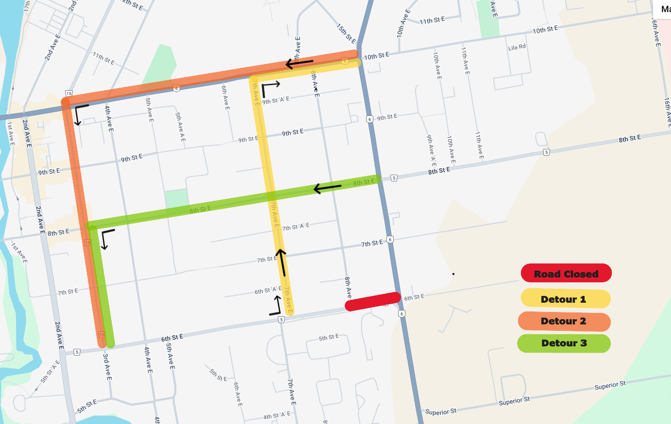 9th Ave E Rehabilitation Detour Map