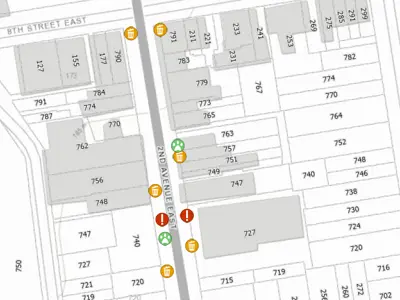 Map of bin locations in the River District's 700 block