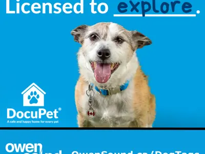 Image of a dog infront of Docupet and Owen Sound logos