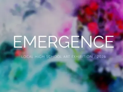 Promotional graphic with a soft, abstract background of blurred teal, pink, purple, and red forms. Centered white text reads “EMERGENCE,” with smaller text below: “Local High School Art Exhibition / 2026.”