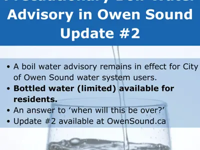 Image that says precautionary boil water advisory still in effect update 2 has been posted