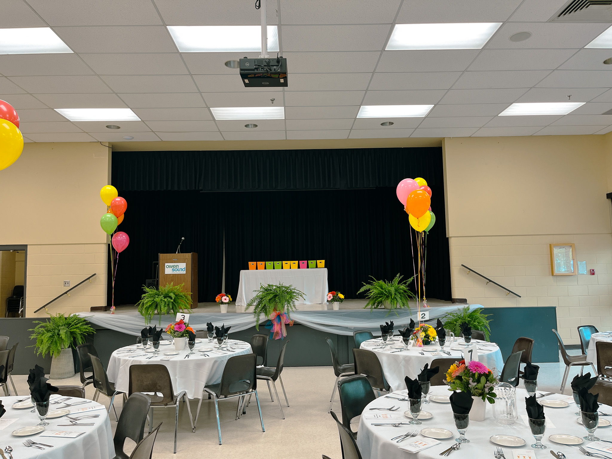 image of Banquet room set with tables chairs and balloons