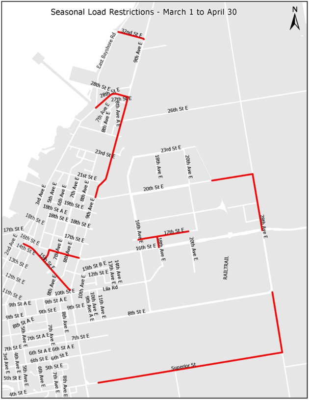A map of a city roads affected by half-load restrictions.