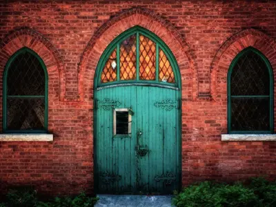 Blue door on brick building