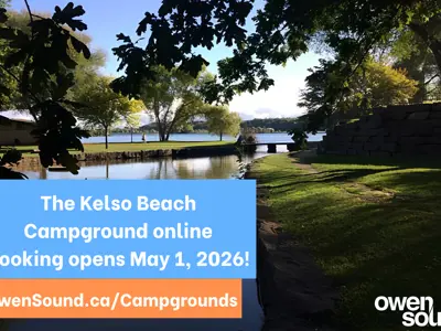 Image of Kelso Beach, sharing promotional message of open campground registration. 